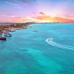 Aerial from Aruba island in the Caribbean Sea at sunset